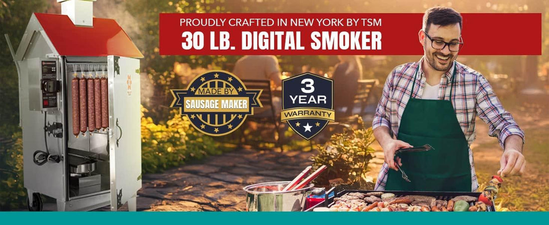 A satisfied man smoking meat with American-made stainless steel smoker