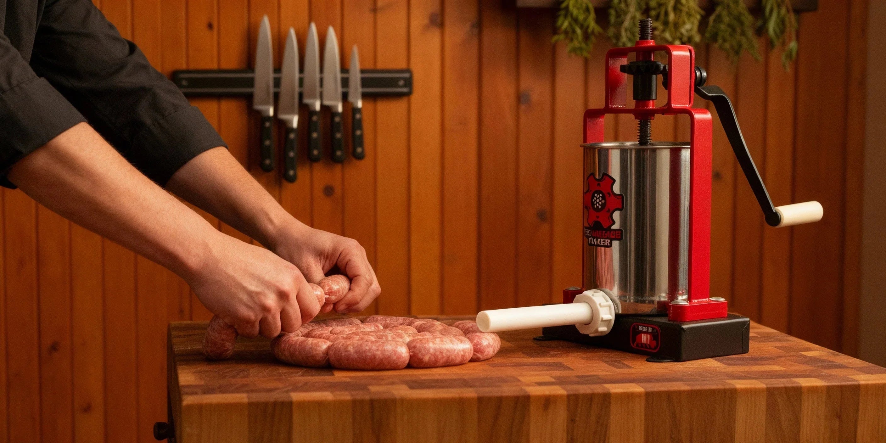 person creating links with the Built sausage stuffer on a wooden butcher block