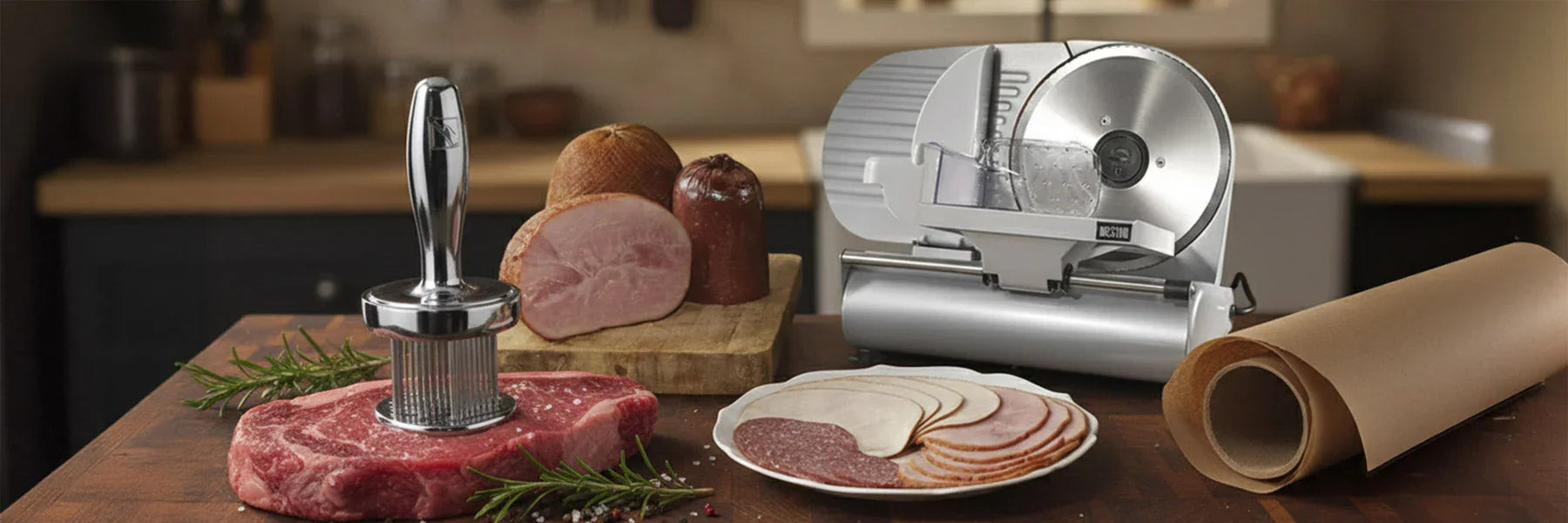 preparing meat with TSM meat tenderizer, slicer, pepper and herb on a kitchen