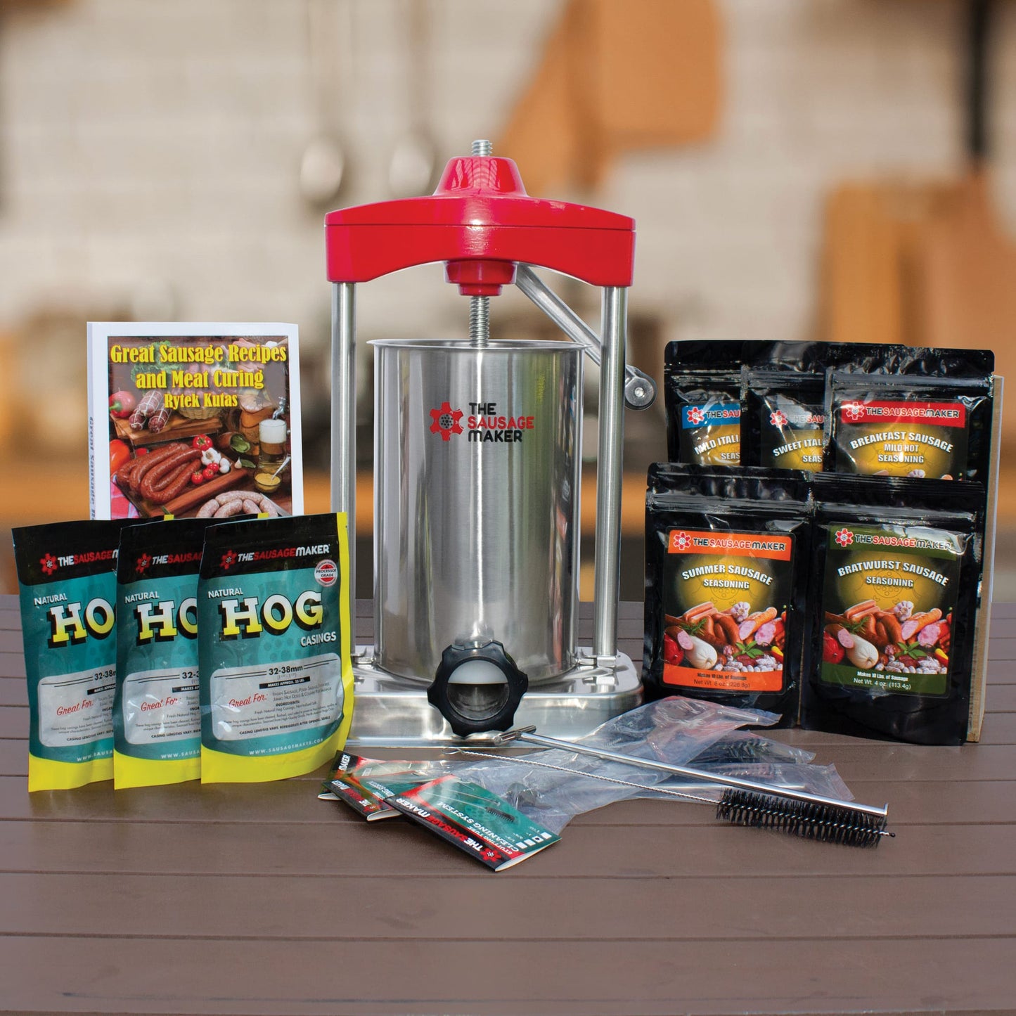 15_Lb._Sausage_Stuffer_Kit;15_lb._Heavy_Duty_Sausage_Stuffer;Great_Sausage_Recipe_Book;Breakfast_Sausage_Seasoning,_5_oz.;Mild-Hot_Italian_Sausage_Seasoning,_5_oz.;Sweet_Italian_Sausage_Seasoning,_5_oz.;Polish_Sausage_Seasoning,_5_oz.;Bratwurst_Seasoning,_4_oz.;Stuffing_Tube_Cleaner_Set_–_Set_of_4