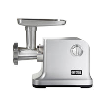 weston_electric_meat_grinder;included_accessories_with_Weston_12;homemade_sausage_with_ease;electric_meat_grinder_with_750_watt_1_hp_motor;cam_action_headlock_with_heavy_duty_die-cast_aluminum_body;Weston_meat_grinder_and_sausage_stuffer;two_speed_with_reverse_function_feature