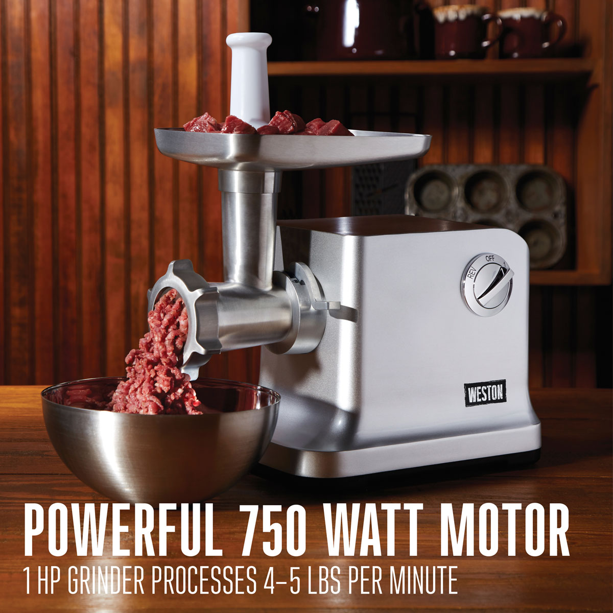 weston_electric_meat_grinder;included_accessories_with_Weston_12;homemade_sausage_with_ease;electric_meat_grinder_with_750_watt_1_hp_motor;cam_action_headlock_with_heavy_duty_die-cast_aluminum_body;Weston_meat_grinder_and_sausage_stuffer;two_speed_with_reverse_function_feature