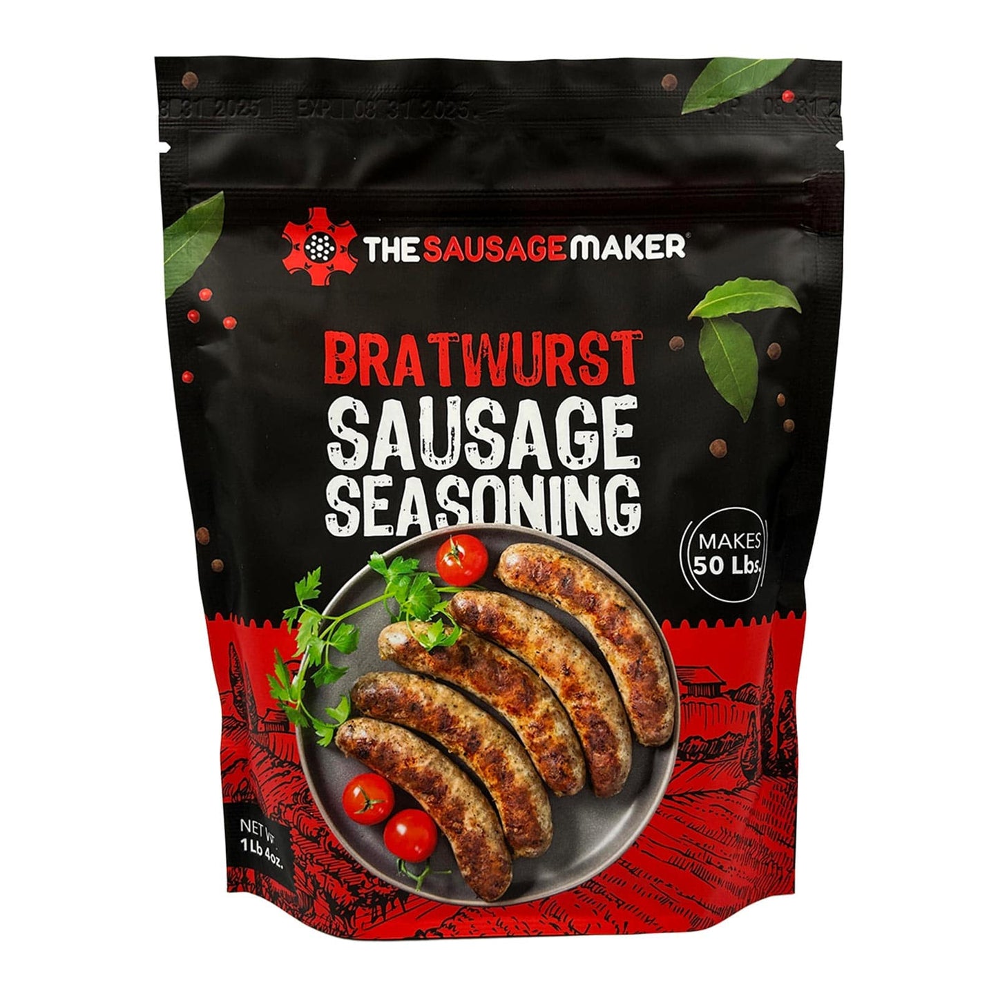 5-lb-sausage-stuffer-hog-casing-and-bratwurst-seasoning-kit;5_lb._Heavy_Duty_Sausage_Stuffer;Bratwurst-sausage-seasoning-1-lb-4-oz-pack;Hog-Casing-Home-Pack-Packaging-Front