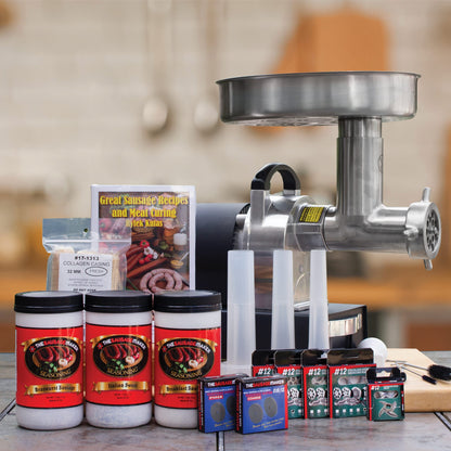 #12_Electric_Meat_Grinder_Kit;#12_Electric_Meat_Grinder,_PRO;Breakfast_Sausage_Seasoning_1lb_8oz;Sweet_Italian_Sausage_Seasoning_1lb_8oz;Bratwurst_Sausage_Seasoning_1lb_8oz;Fresh_Collagen_Casings_32mm;Great_Sausage_Recipes_and_Meat_Curing_Book;1_1/4"_Stainless_Steel_Stuffing_Tube;1/2_Stainless_Steel_Stuffing_Tube_fits_15-30lbs;Plastic_Stuffing_Tubes,_Set_of_3;Set_of_4_Stuffing_Tube_Cleaning_System;#10/12_Meat_Grinder_Knife;#10/12_Meat_Grinder_Knife_&_Plate_Sharpening_System,_FINE