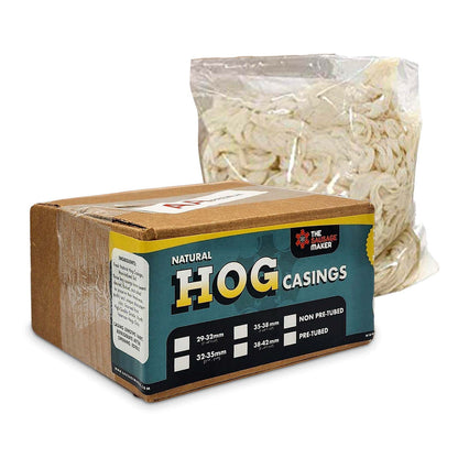Whole-Hank-Hog-Casing-Main-Img;Whole-Hank-Hog-Casing-Life-Shot;Whole-Hank-Hog-Casing-Inside-Packaging;Whole-Hank-Hog-Casing-Recipe-32-35-mm;Whole-Hank-Hog-Casing-Comparison