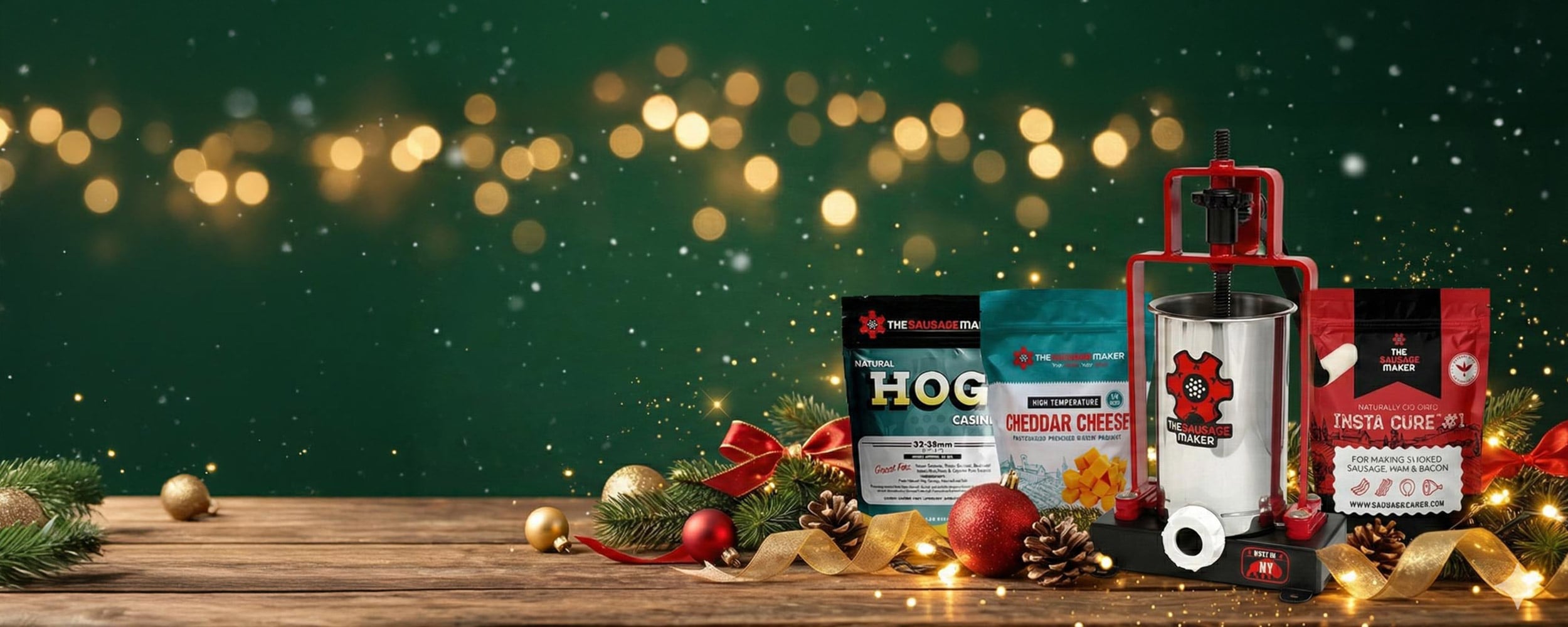 Assorted food products on a wooden surface with a festive background featuring lights and decorations.