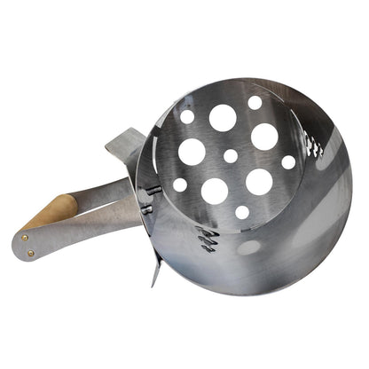 sausage-maker-charcoal-starter-for-grill;firing-up-coal-in-charcoal-starter;inside-view-charcoal-chimney-starter;safe-wooden-handle-of-the-chimney-starter