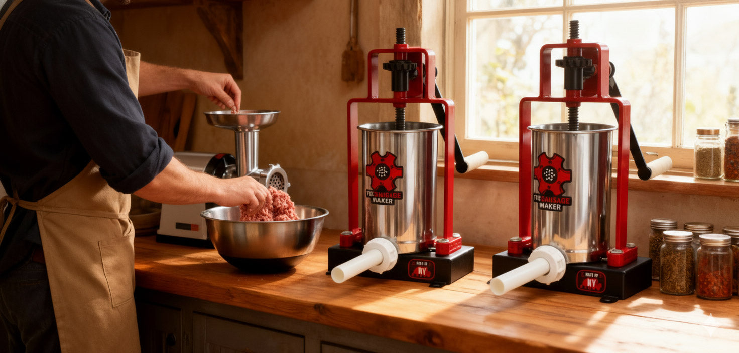 Load video: Crafting sausages using the Sausage Maker&#39;s premium blends and tools.