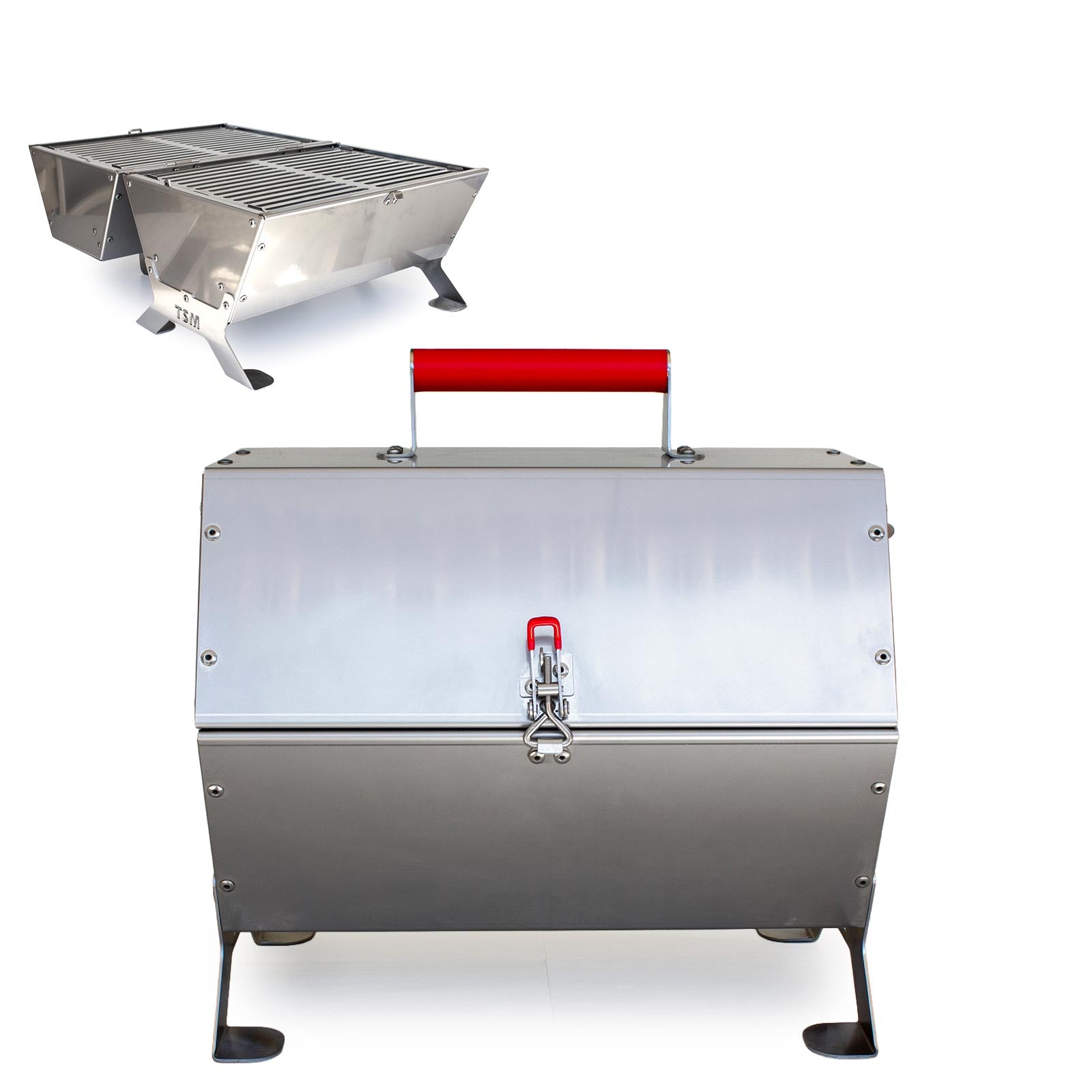 tsm-heavy-duty-portable-tool-box-grill;TSM-Toolbox-Charcoal-Grill-Infographic;side_view_of_the_portable_TSM_tool_box_grill;closed_position_of_the_tool_box_grill;21-lb-heavy-duty-portable-grill-to-last-a-lifetime;cooking_sausages_on_grill;some_vegetables_and_chicken_wings_on_TSM_tool_box_grill